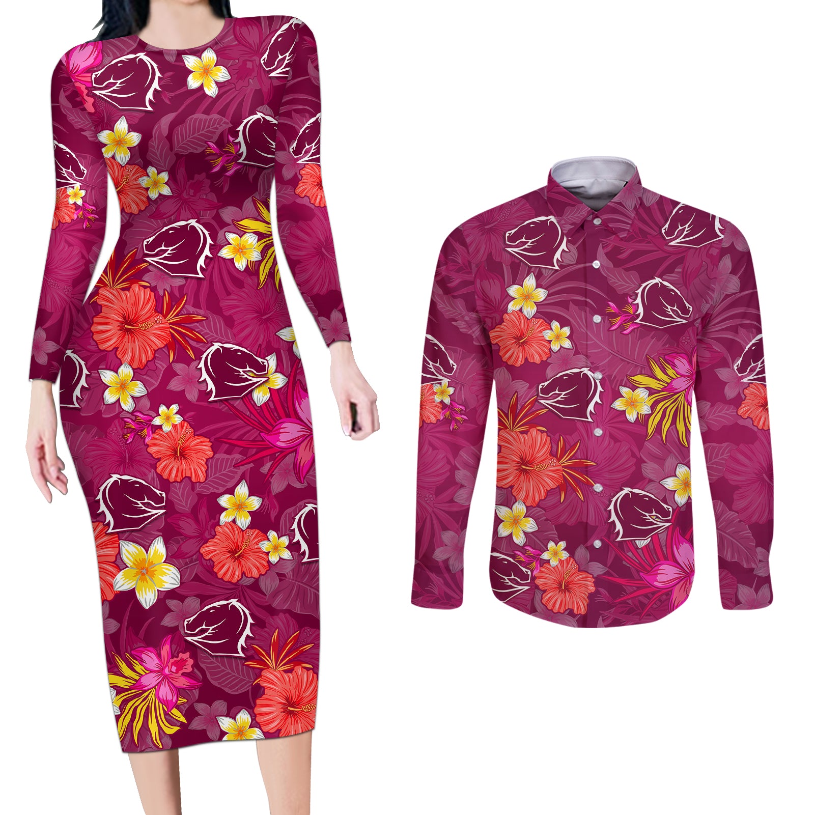 custom-broncos-rugby-couples-matching-long-sleeve-bodycon-dress-and-long-sleeve-button-shirts-beautiful-floral-pattern-spring-summer-vibe