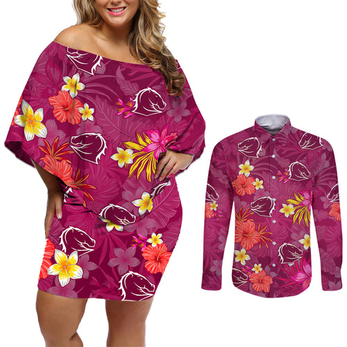 custom-broncos-rugby-couples-matching-off-shoulder-short-dress-and-long-sleeve-button-shirts-beautiful-floral-pattern-spring-summer-vibe