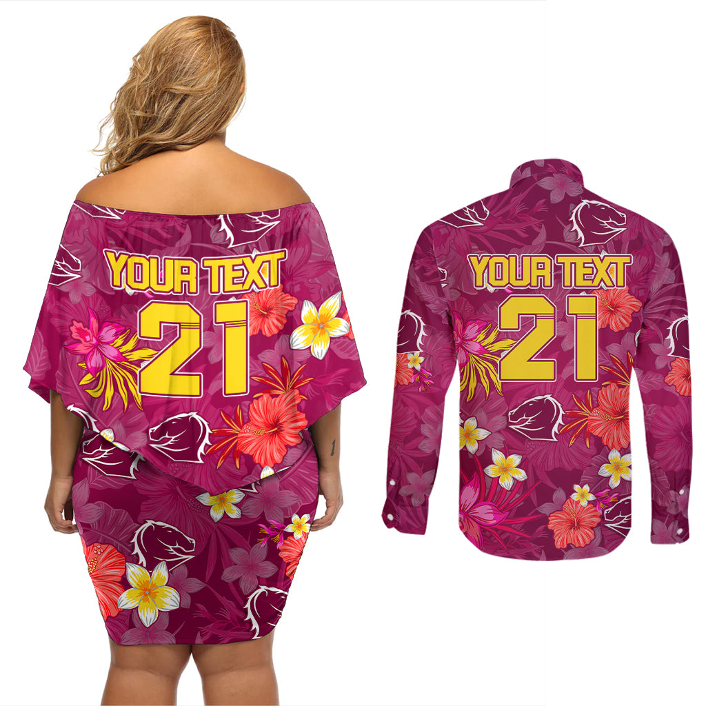 custom-broncos-rugby-couples-matching-off-shoulder-short-dress-and-long-sleeve-button-shirts-beautiful-floral-pattern-spring-summer-vibe
