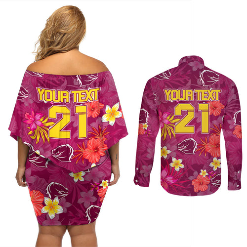 custom-broncos-rugby-couples-matching-off-shoulder-short-dress-and-long-sleeve-button-shirts-beautiful-floral-pattern-spring-summer-vibe