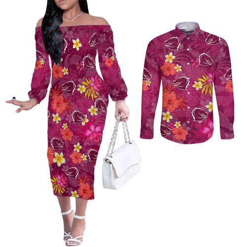 custom-broncos-rugby-couples-matching-off-the-shoulder-long-sleeve-dress-and-long-sleeve-button-shirts-beautiful-floral-pattern-spring-summer-vibe