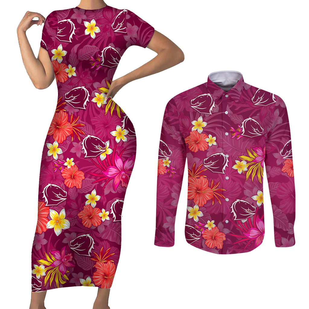 custom-broncos-rugby-couples-matching-short-sleeve-bodycon-dress-and-long-sleeve-button-shirts-beautiful-floral-pattern-spring-summer-vibe