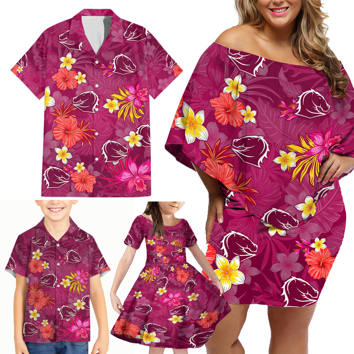 custom-broncos-rugby-family-matching-off-shoulder-short-dress-and-hawaiian-shirt-beautiful-floral-pattern-spring-summer-vibe
