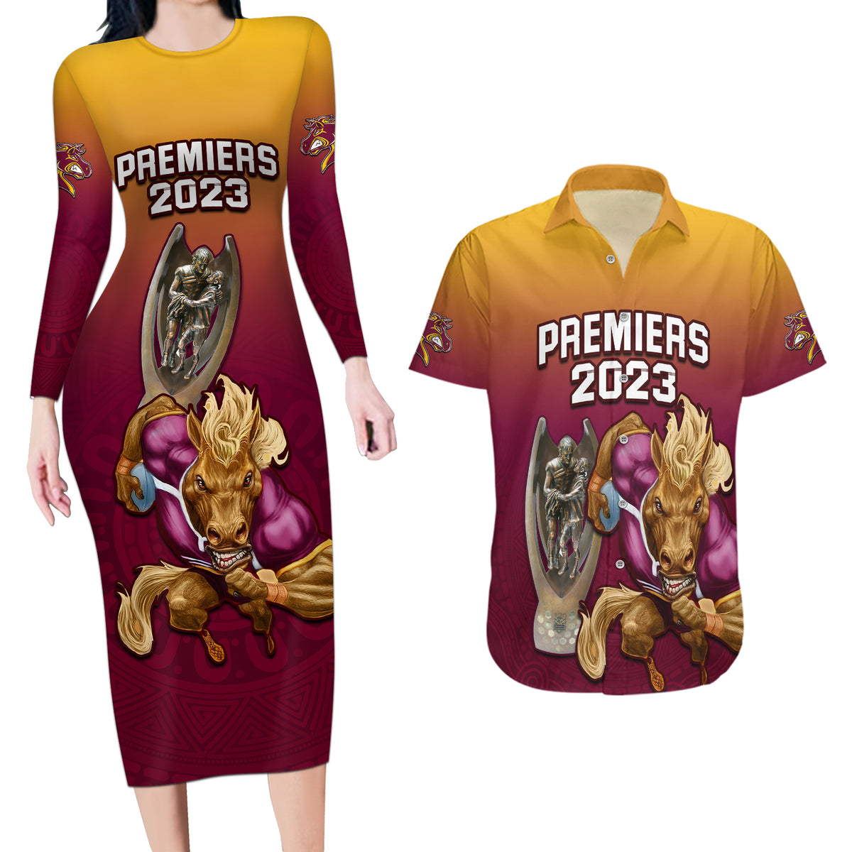 nrl-broncos-premiers-2023-couples-matching-long-sleeve-bodycon-dress-and-hawaiian-shirt