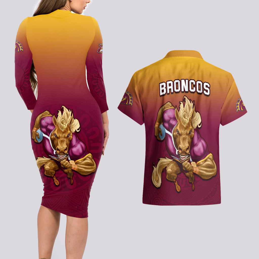 nrl-broncos-premiers-2023-couples-matching-long-sleeve-bodycon-dress-and-hawaiian-shirt