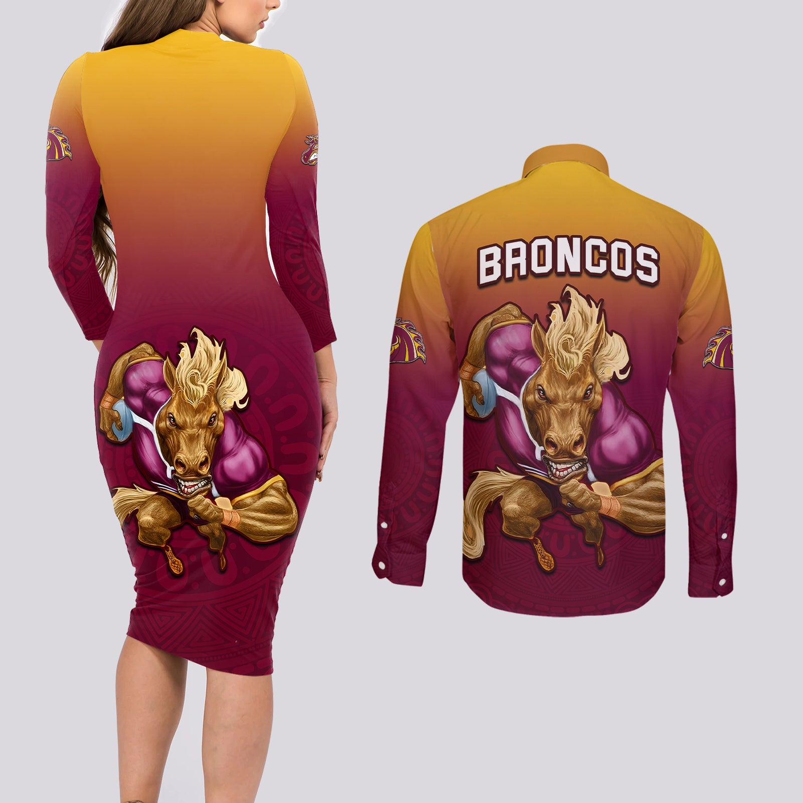 nrl-broncos-premiers-2023-couples-matching-long-sleeve-bodycon-dress-and-long-sleeve-button-shirts