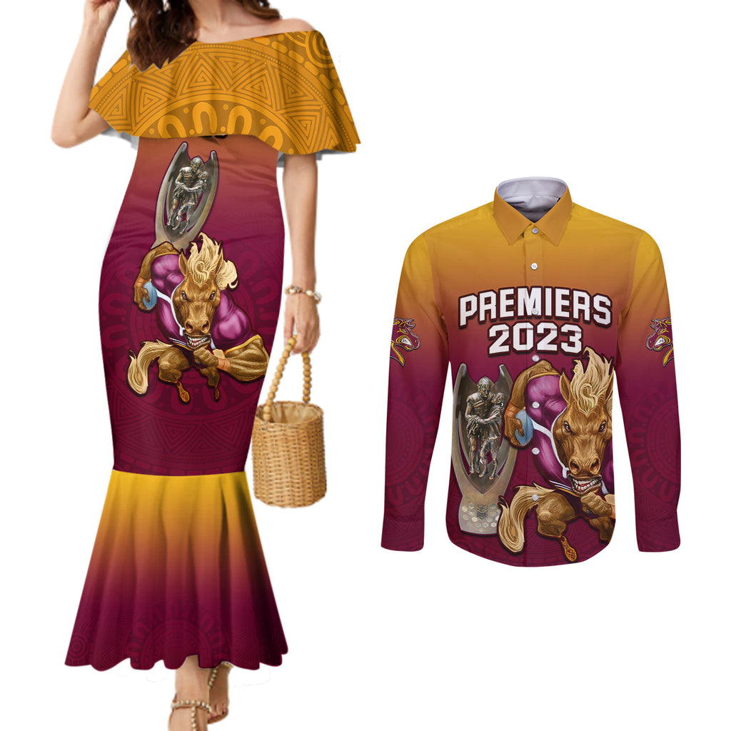 nrl-broncos-premiers-2023-couples-matching-mermaid-dress-and-long-sleeve-button-shirts