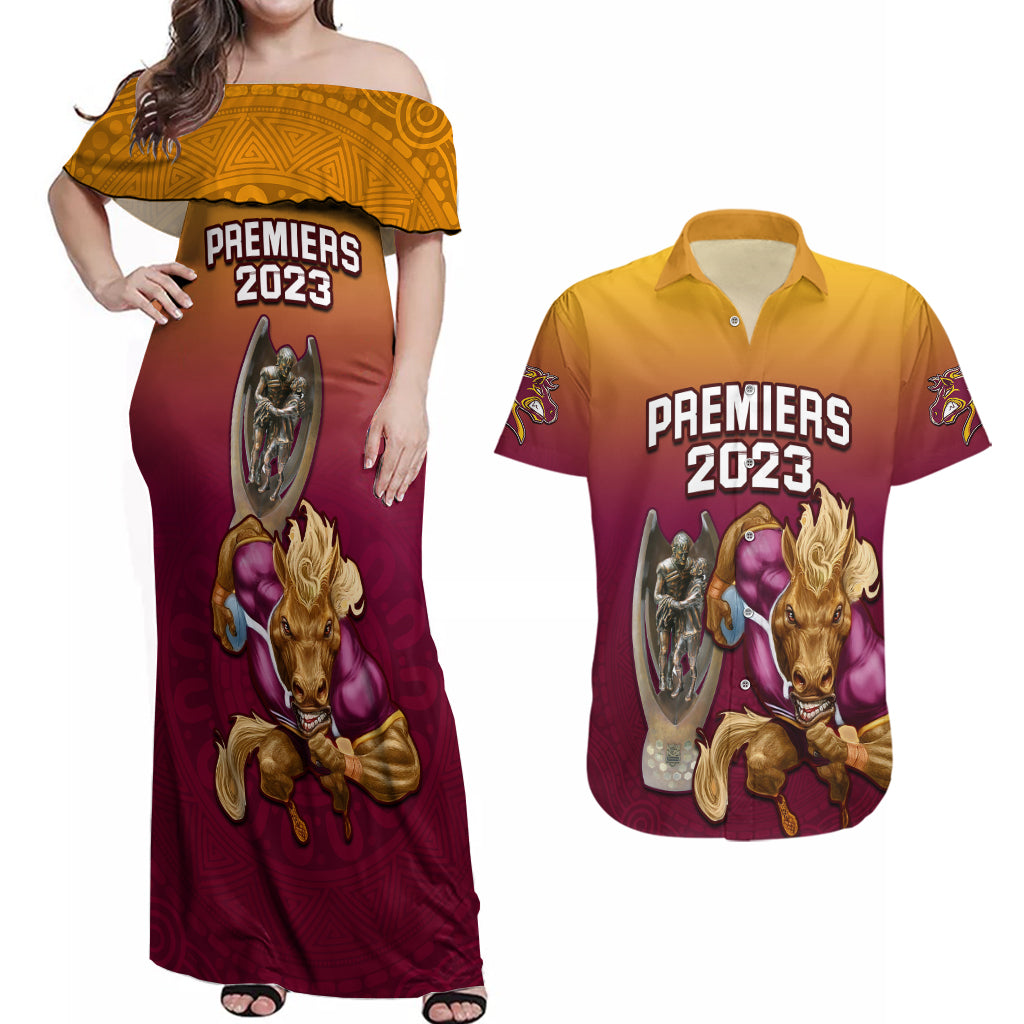 nrl-broncos-premiers-2023-couples-matching-off-shoulder-maxi-dress-and-hawaiian-shirt