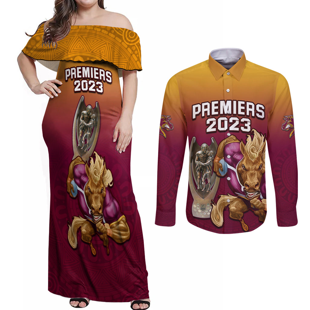 nrl-broncos-premiers-2023-couples-matching-off-shoulder-maxi-dress-and-long-sleeve-button-shirts
