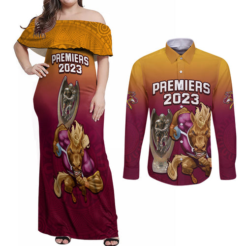 nrl-broncos-premiers-2023-couples-matching-off-shoulder-maxi-dress-and-long-sleeve-button-shirts