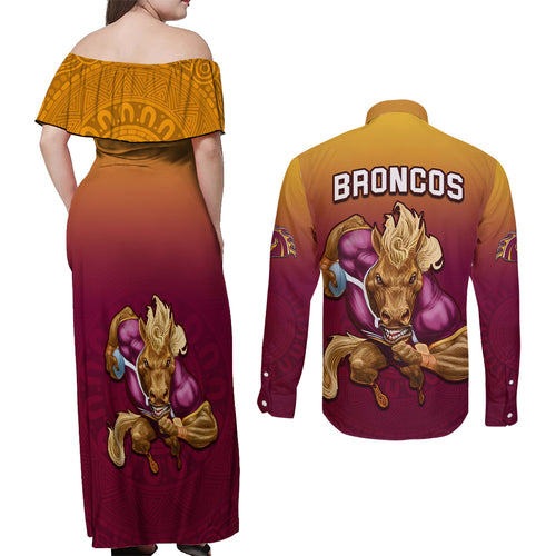 nrl-broncos-premiers-2023-couples-matching-off-shoulder-maxi-dress-and-long-sleeve-button-shirts
