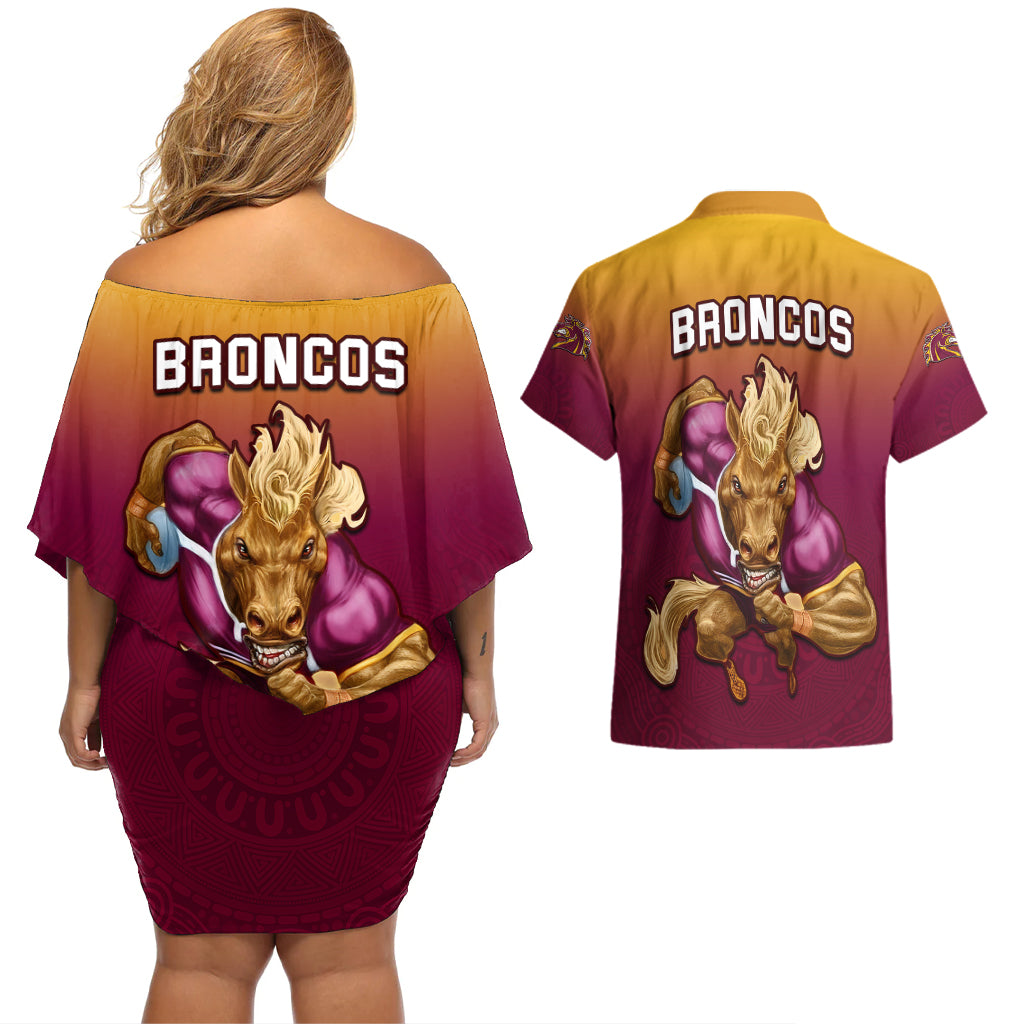 nrl-broncos-premiers-2023-couples-matching-off-shoulder-short-dress-and-hawaiian-shirt