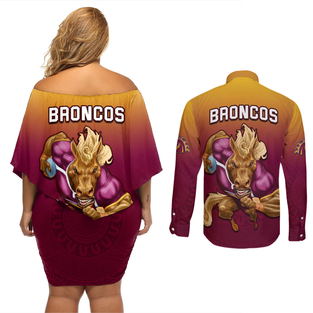 nrl-broncos-premiers-2023-couples-matching-off-shoulder-short-dress-and-long-sleeve-button-shirts