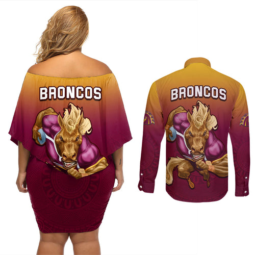 nrl-broncos-premiers-2023-couples-matching-off-shoulder-short-dress-and-long-sleeve-button-shirts