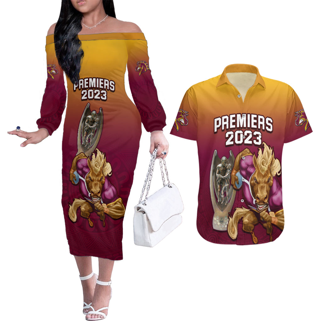 nrl-broncos-premiers-2023-couples-matching-off-the-shoulder-long-sleeve-dress-and-hawaiian-shirt