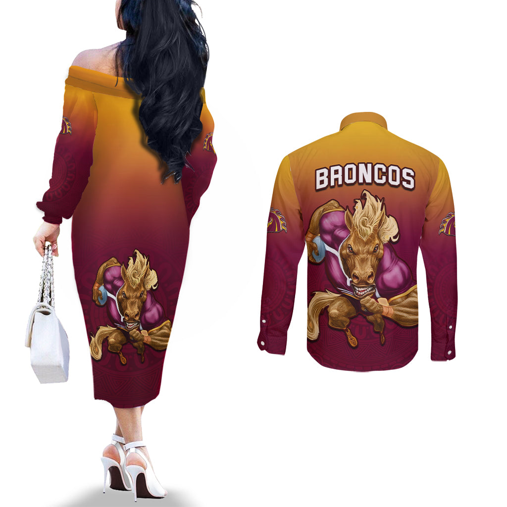 nrl-broncos-premiers-2023-couples-matching-off-the-shoulder-long-sleeve-dress-and-long-sleeve-button-shirts