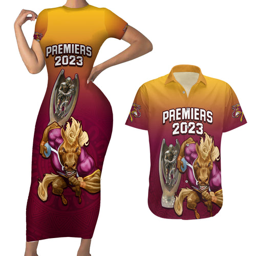 nrl-broncos-premiers-2023-couples-matching-short-sleeve-bodycon-dress-and-hawaiian-shirt