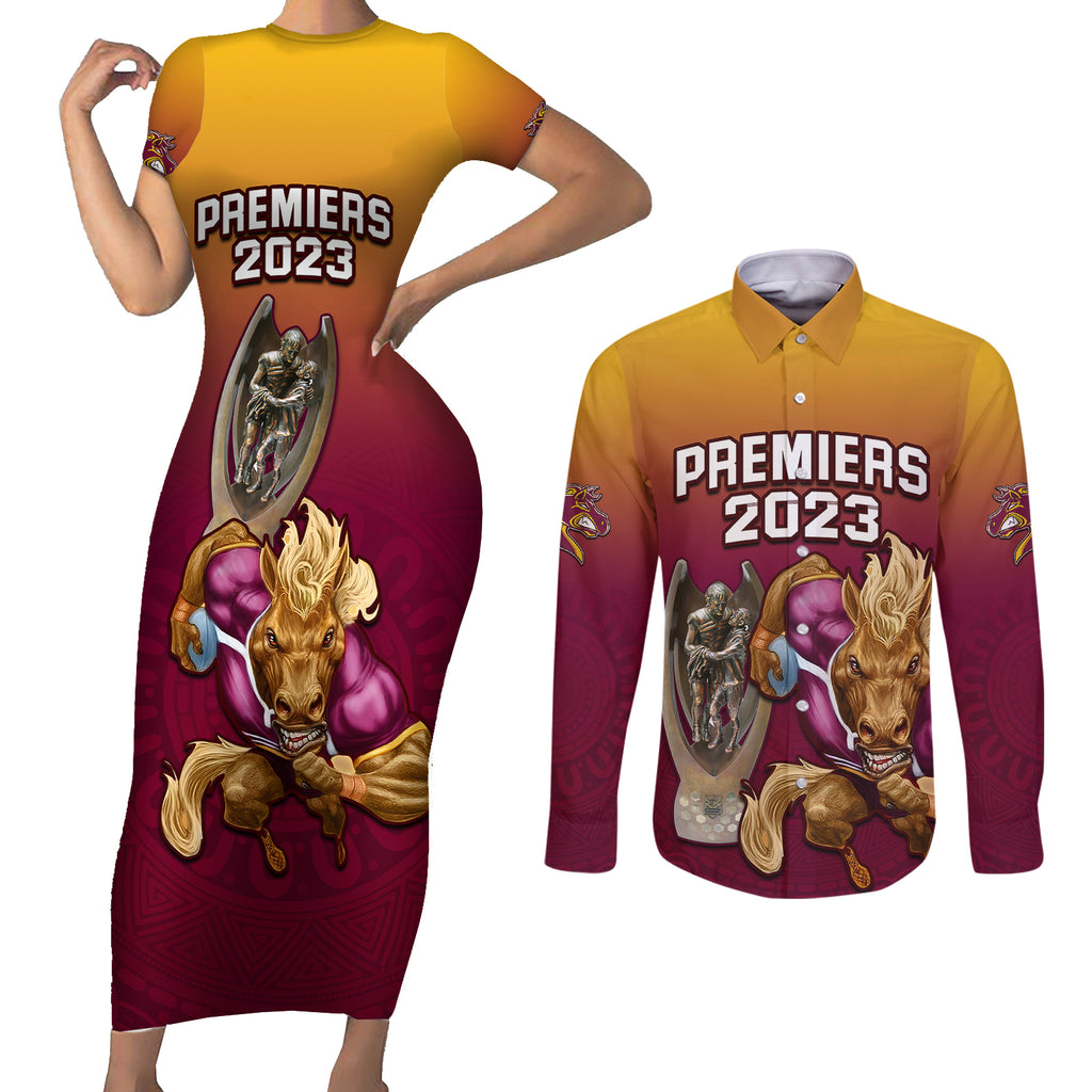 nrl-broncos-premiers-2023-couples-matching-short-sleeve-bodycon-dress-and-long-sleeve-button-shirts