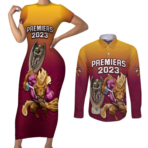 nrl-broncos-premiers-2023-couples-matching-short-sleeve-bodycon-dress-and-long-sleeve-button-shirts