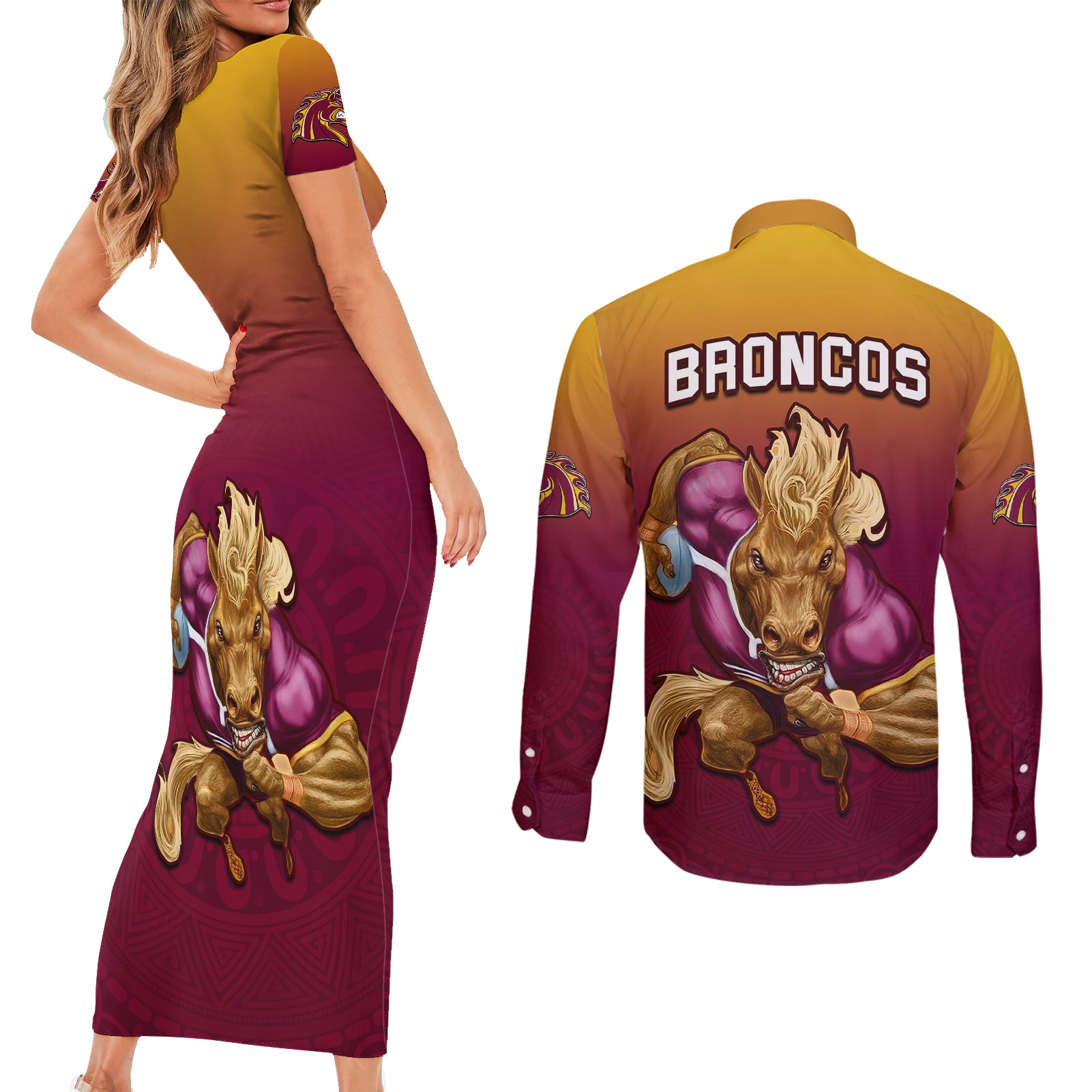 nrl-broncos-premiers-2023-couples-matching-short-sleeve-bodycon-dress-and-long-sleeve-button-shirts