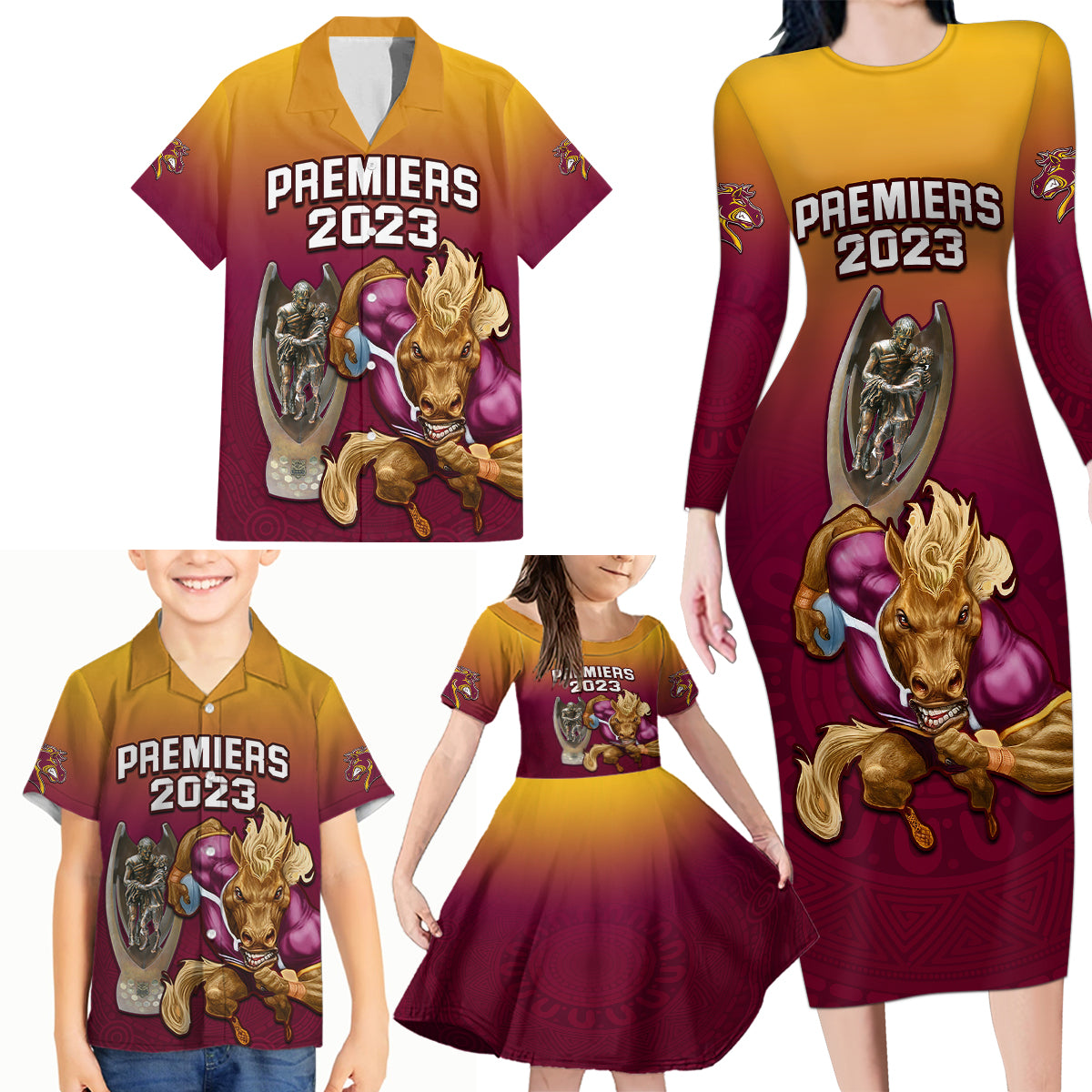 nrl-broncos-premiers-2023-family-matching-long-sleeve-bodycon-dress-and-hawaiian-shirt