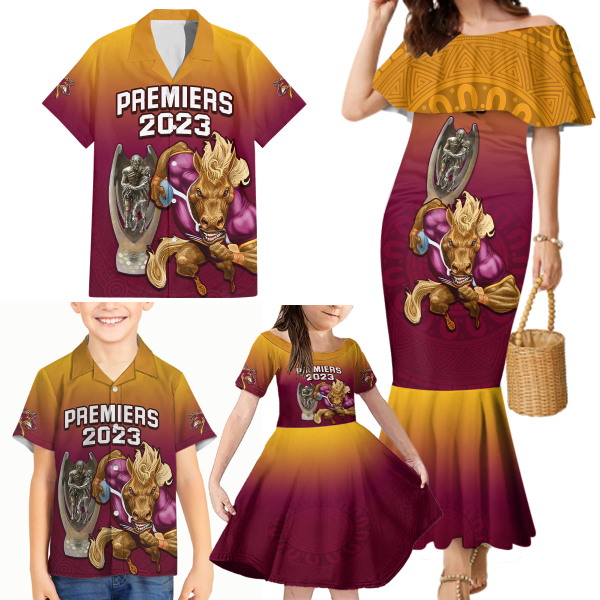 nrl-broncos-premiers-2023-family-matching-mermaid-dress-and-hawaiian-shirt