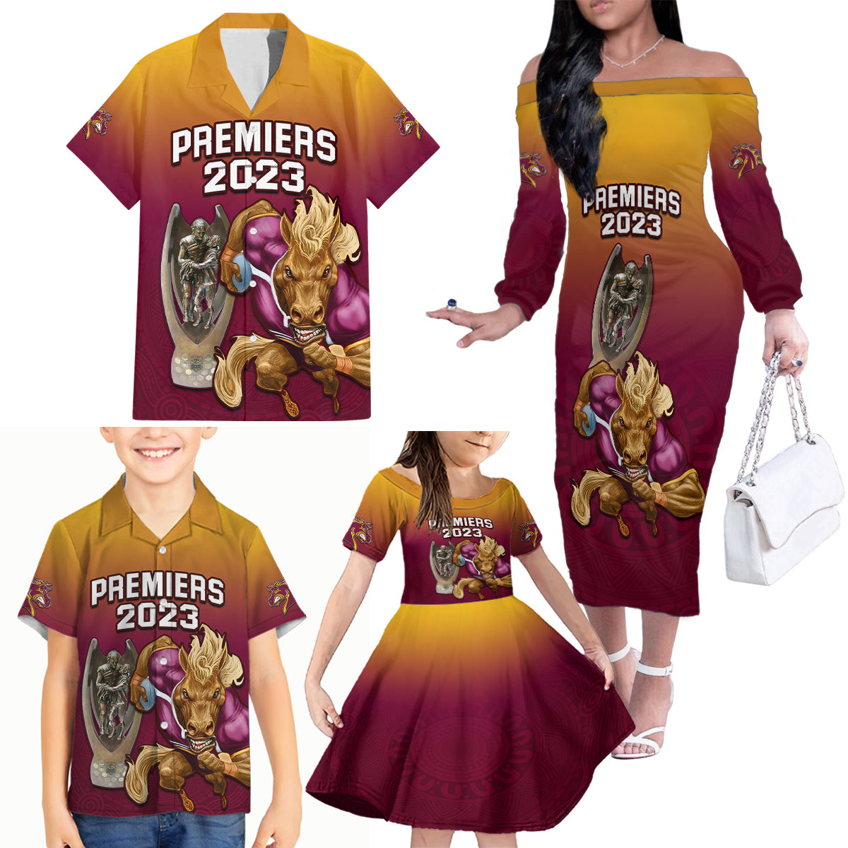 nrl-broncos-premiers-2023-family-matching-off-shoulder-long-sleeve-dress-and-hawaiian-shirt