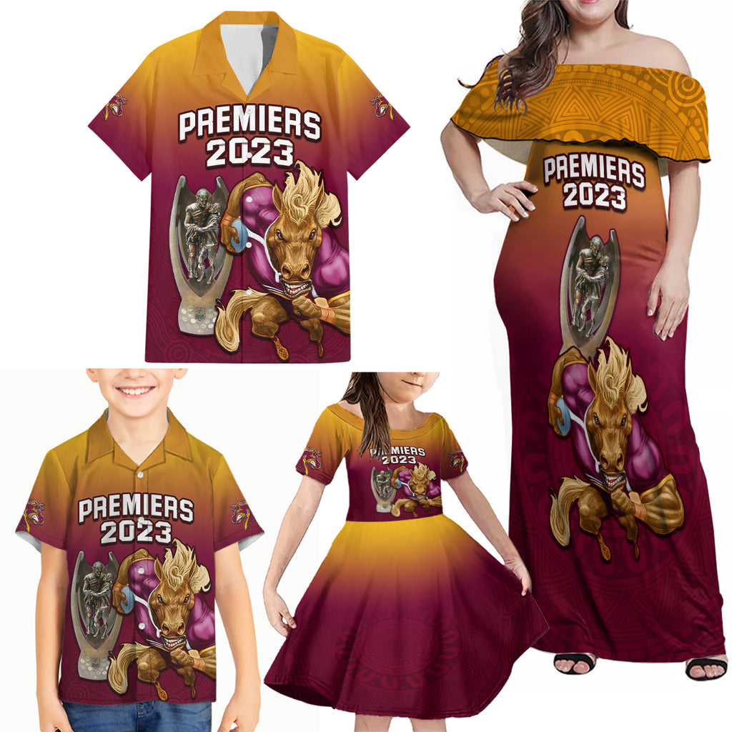 nrl-broncos-premiers-2023-family-matching-off-shoulder-maxi-dress-and-hawaiian-shirt