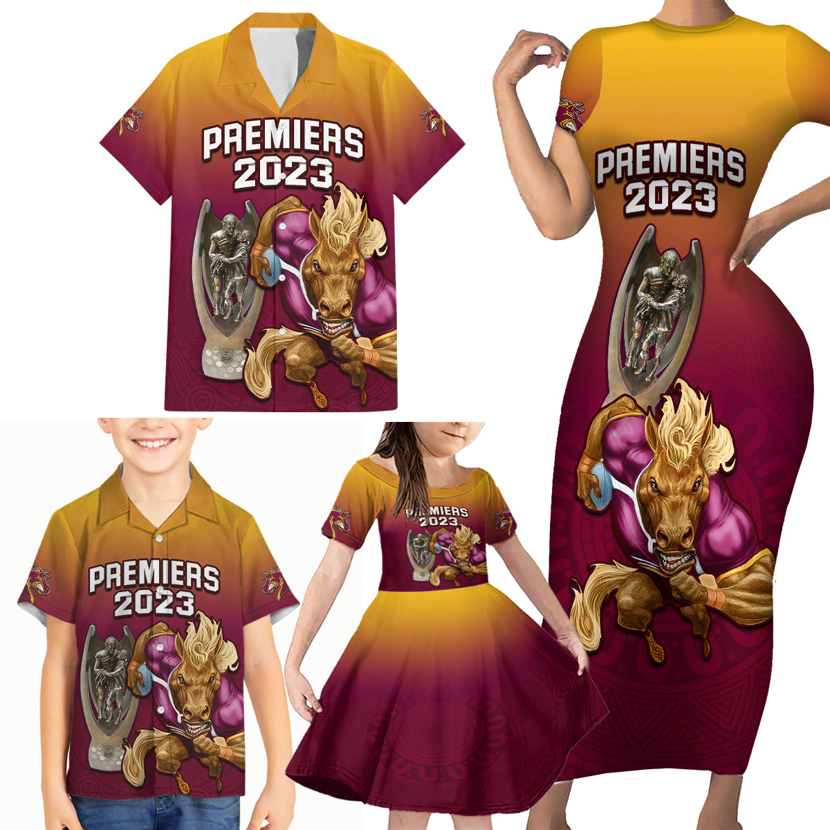 nrl-broncos-premiers-2023-family-matching-short-sleeve-bodycon-dress-and-hawaiian-shirt