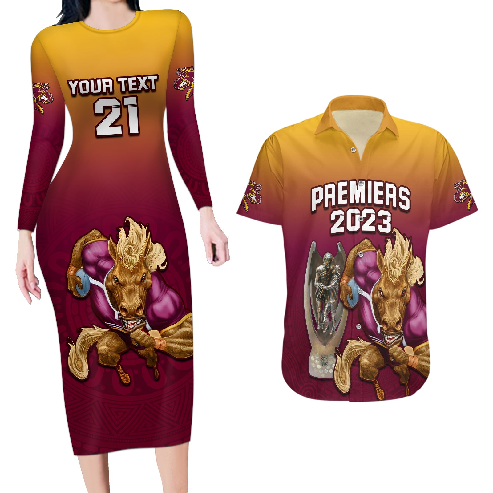 custom-nrl-broncos-premiers-2023-couples-matching-long-sleeve-bodycon-dress-and-hawaiian-shirt