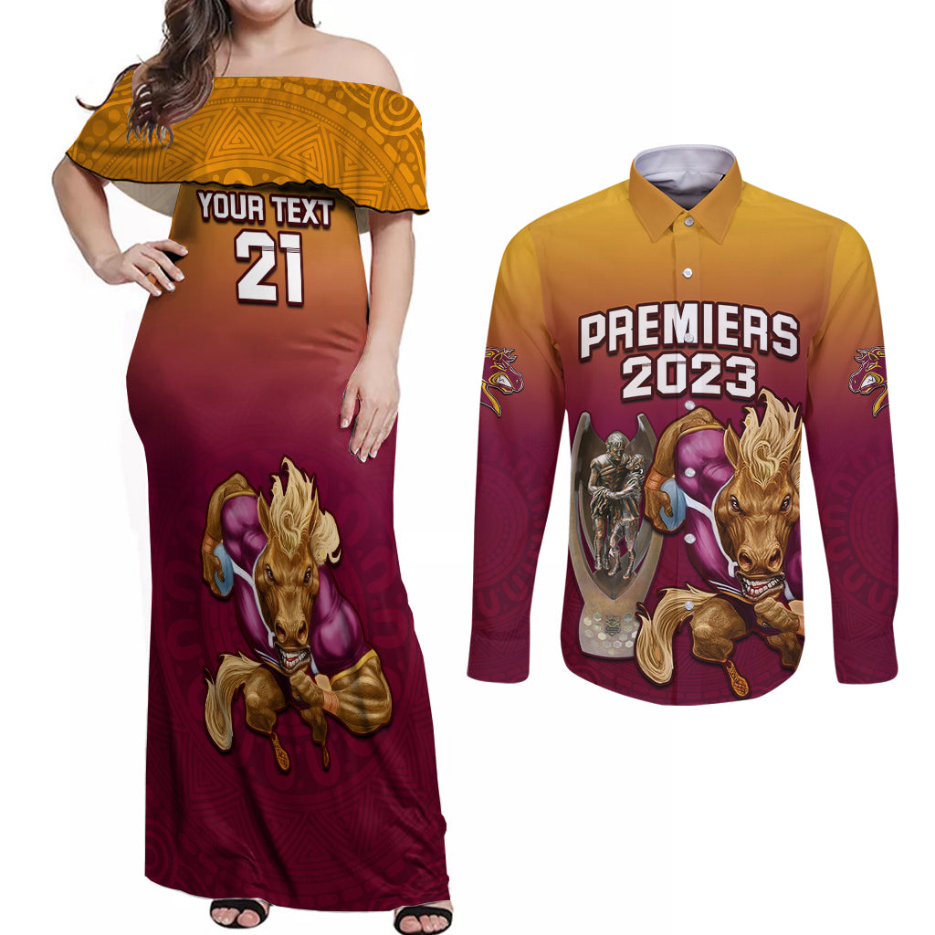 custom-nrl-broncos-premiers-2023-couples-matching-off-shoulder-maxi-dress-and-long-sleeve-button-shirts