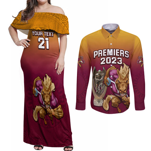 custom-nrl-broncos-premiers-2023-couples-matching-off-shoulder-maxi-dress-and-long-sleeve-button-shirts