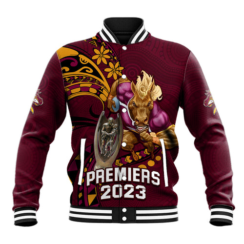 nrl-broncos-premiers-baseball-jacket-mascot-with-polynesian-pattern-version-2023