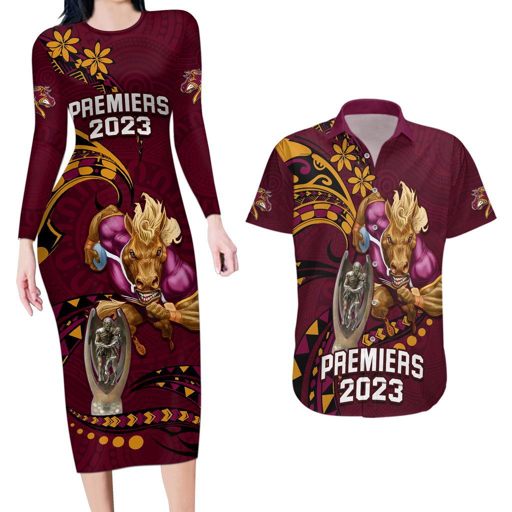 nrl-broncos-premiers-couples-matching-long-sleeve-bodycon-dress-and-hawaiian-shirt-mascot-with-polynesian-pattern-version-2023