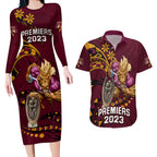 nrl-broncos-premiers-couples-matching-long-sleeve-bodycon-dress-and-hawaiian-shirt-mascot-with-polynesian-pattern-version-2023
