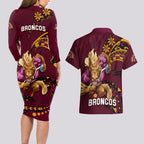 nrl-broncos-premiers-couples-matching-long-sleeve-bodycon-dress-and-hawaiian-shirt-mascot-with-polynesian-pattern-version-2023