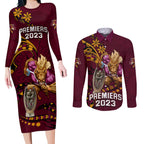 nrl-broncos-premiers-couples-matching-long-sleeve-bodycon-dress-and-long-sleeve-button-shirts-mascot-with-polynesian-pattern-version-2023