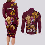nrl-broncos-premiers-couples-matching-long-sleeve-bodycon-dress-and-long-sleeve-button-shirts-mascot-with-polynesian-pattern-version-2023