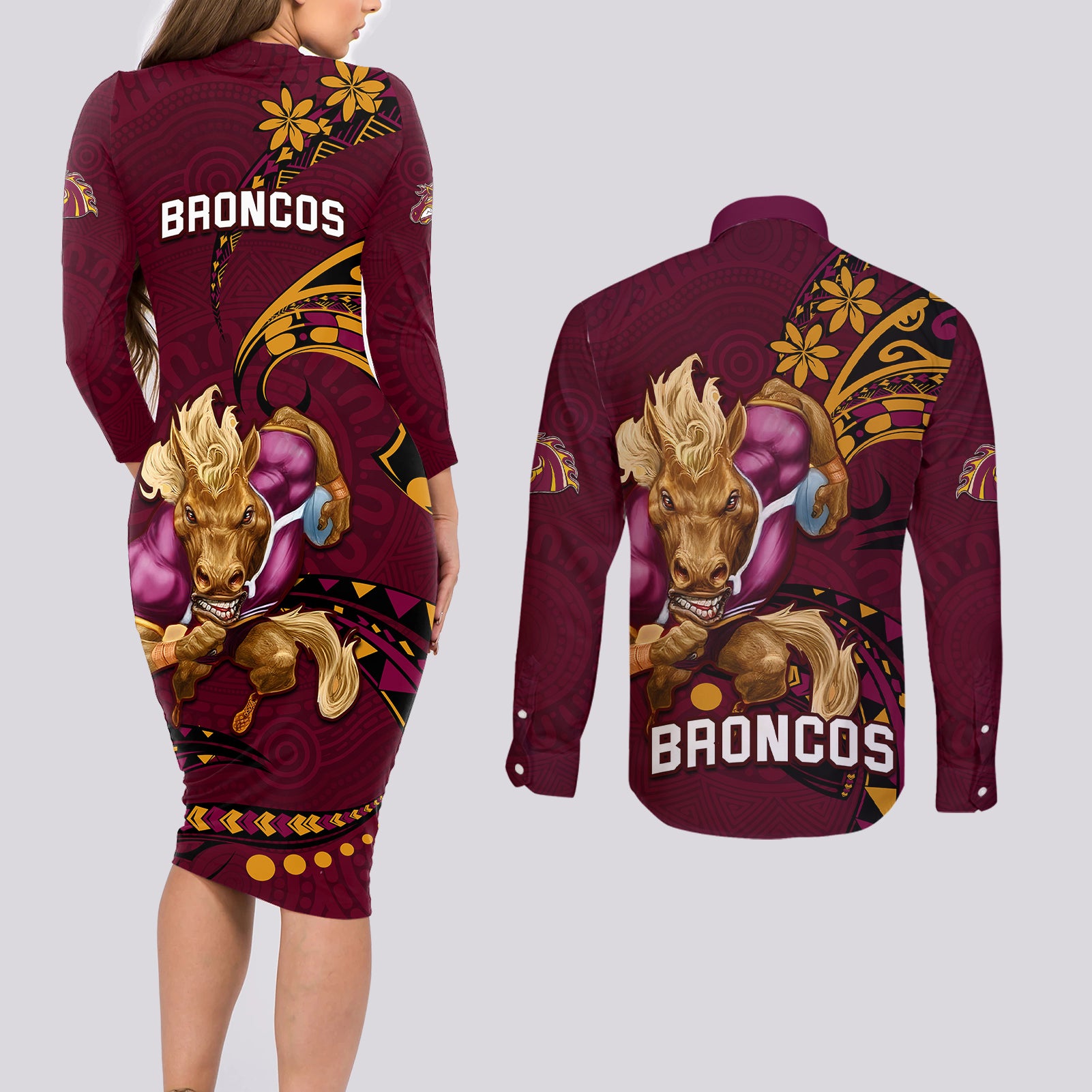 nrl-broncos-premiers-couples-matching-long-sleeve-bodycon-dress-and-long-sleeve-button-shirts-mascot-with-polynesian-pattern-version-2023