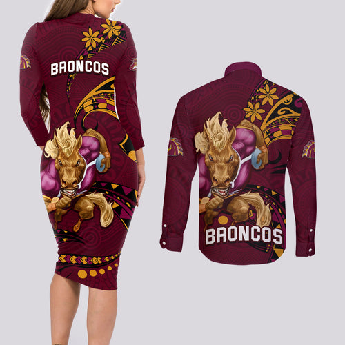 nrl-broncos-premiers-couples-matching-long-sleeve-bodycon-dress-and-long-sleeve-button-shirts-mascot-with-polynesian-pattern-version-2023