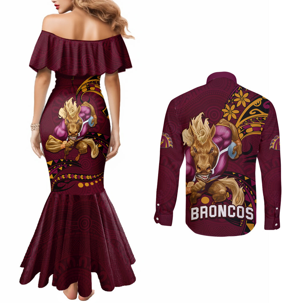 nrl-broncos-premiers-couples-matching-mermaid-dress-and-long-sleeve-button-shirts-mascot-with-polynesian-pattern-version-2023