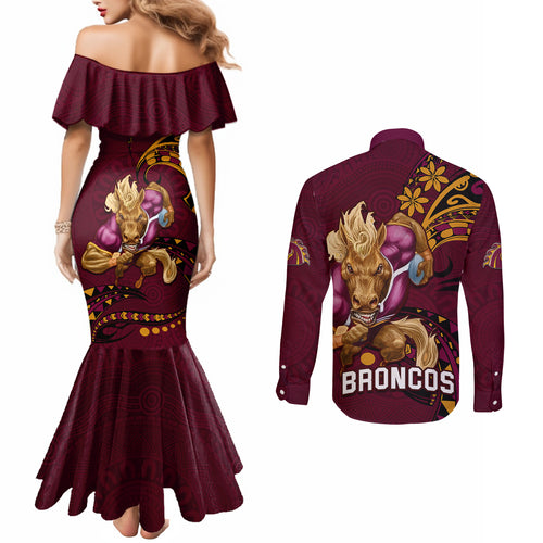 nrl-broncos-premiers-couples-matching-mermaid-dress-and-long-sleeve-button-shirts-mascot-with-polynesian-pattern-version-2023