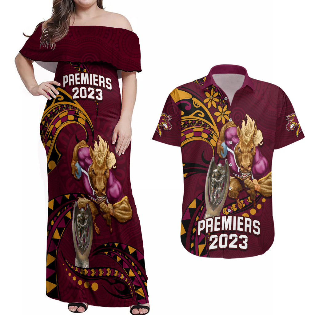 nrl-broncos-premiers-couples-matching-off-shoulder-maxi-dress-and-hawaiian-shirt-mascot-with-polynesian-pattern-version-2023