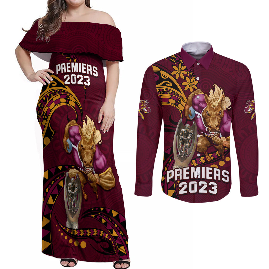 nrl-broncos-premiers-couples-matching-off-shoulder-maxi-dress-and-long-sleeve-button-shirts-mascot-with-polynesian-pattern-version-2023