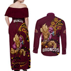 nrl-broncos-premiers-couples-matching-off-shoulder-maxi-dress-and-long-sleeve-button-shirts-mascot-with-polynesian-pattern-version-2023
