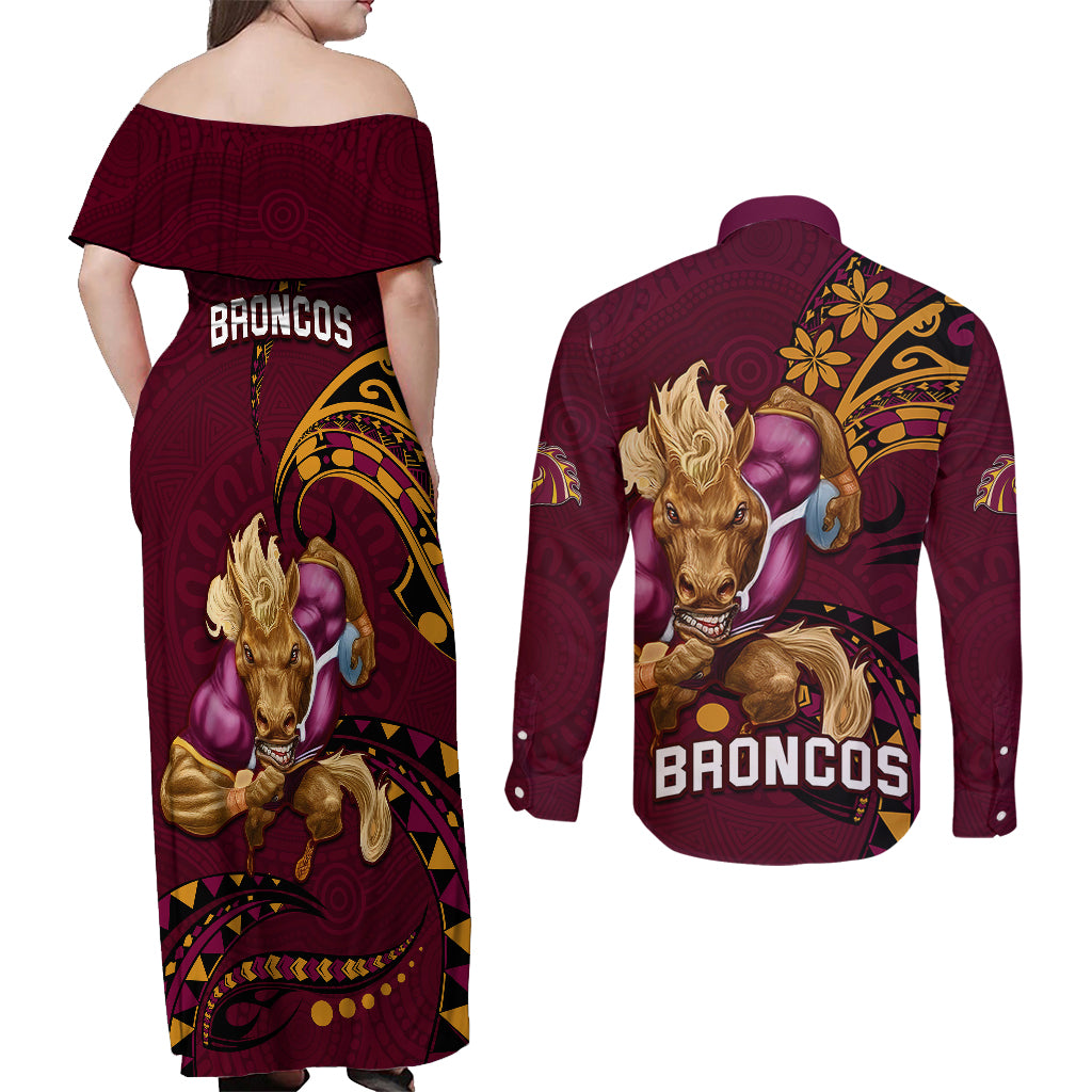 nrl-broncos-premiers-couples-matching-off-shoulder-maxi-dress-and-long-sleeve-button-shirts-mascot-with-polynesian-pattern-version-2023