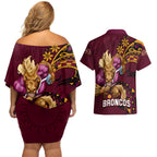 nrl-broncos-premiers-couples-matching-off-shoulder-short-dress-and-hawaiian-shirt-mascot-with-polynesian-pattern-version-2023