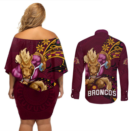 nrl-broncos-premiers-couples-matching-off-shoulder-short-dress-and-long-sleeve-button-shirts-mascot-with-polynesian-pattern-version-2023