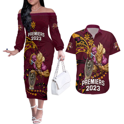 nrl-broncos-premiers-couples-matching-off-the-shoulder-long-sleeve-dress-and-hawaiian-shirt-mascot-with-polynesian-pattern-version-2023
