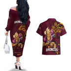 nrl-broncos-premiers-couples-matching-off-the-shoulder-long-sleeve-dress-and-hawaiian-shirt-mascot-with-polynesian-pattern-version-2023